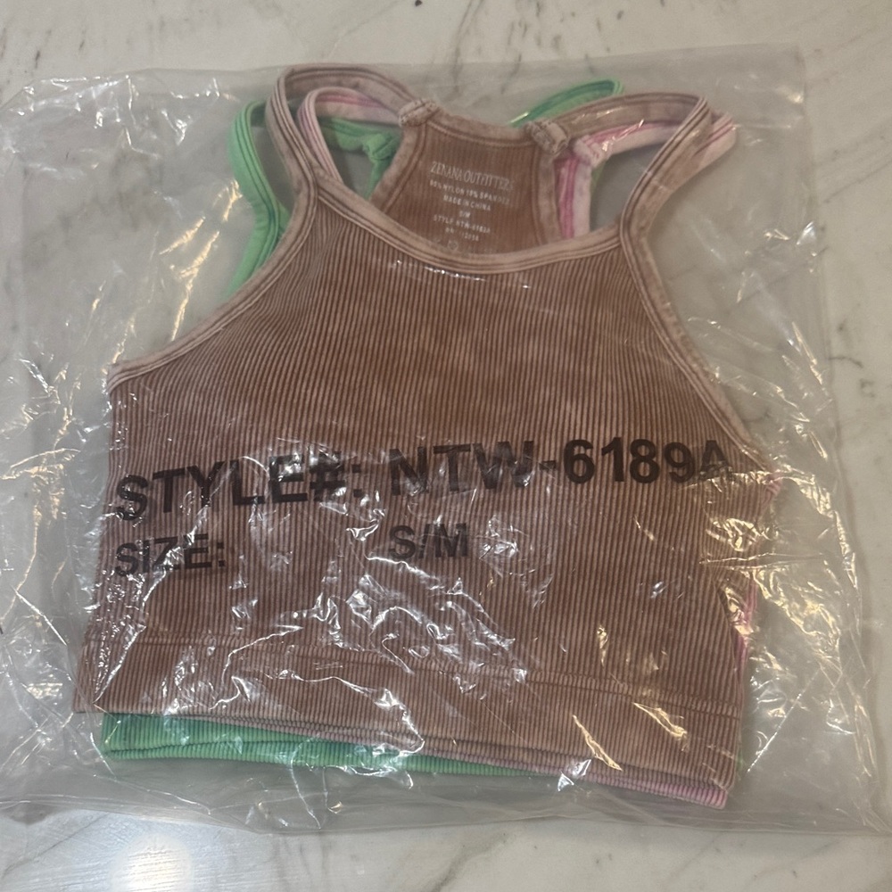 Zenana Outfitters Ribbed Crop Tops in Pink, Brown, and Green size S/M set of 3 - Picture 15 of 15